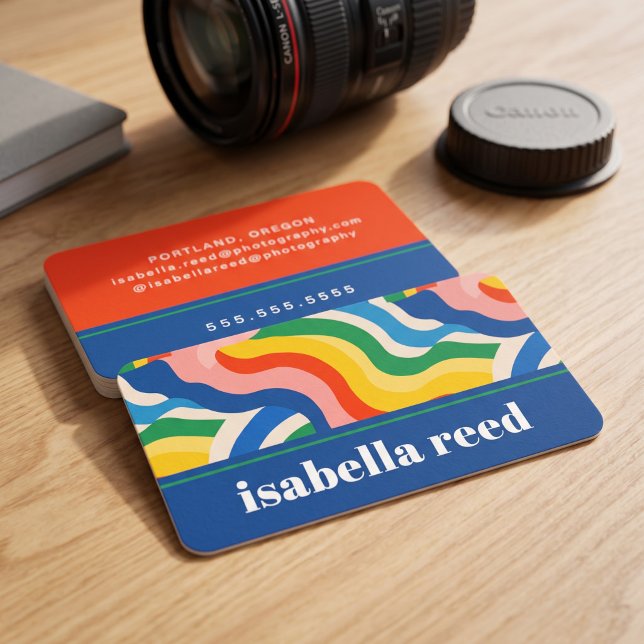 Bold Retro Rainbow Business Card (Simulated business cards on table)