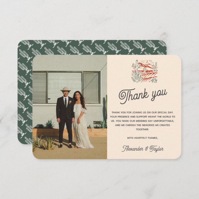 Bold Retro Saguaro Cactus Desert Landscape Wedding Thank You Card (Front/Back)