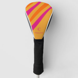 Bold Retro Stripes Monogram Pink Orange  Golf Head Cover