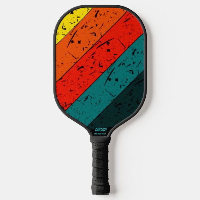 Bold Retro Sunset Stripe Name Phone # Custom Pickleball Paddle (Front)