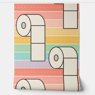 Bold retro toilet paper rolls on rainbow stripes wallpaper