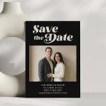 Bold Retro Typography Black White Photo Wedding Save The Date<br><div class="desc">This save the date card features bold retro typography in classic black and cream with space for an engagement photo. The statement lettering creates a stylish editorial look while the geometric art deco pattern on the back adds a vintage inspired detail. Perfect for modern couples planning a city wedding, art...</div>