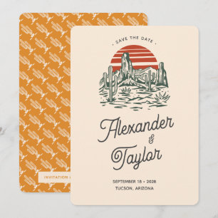 Bold Retro Vibes Saguaro Landscape Desert Wedding  Save The Date