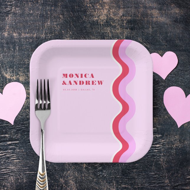 Bold Retro Wave Aesthetic Pink and Red Wedding  Paper Plate (Creator Uploaded)