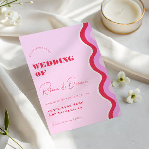 Bold Retro Wave Pink and Red Photo QR Code Wedding Invitation