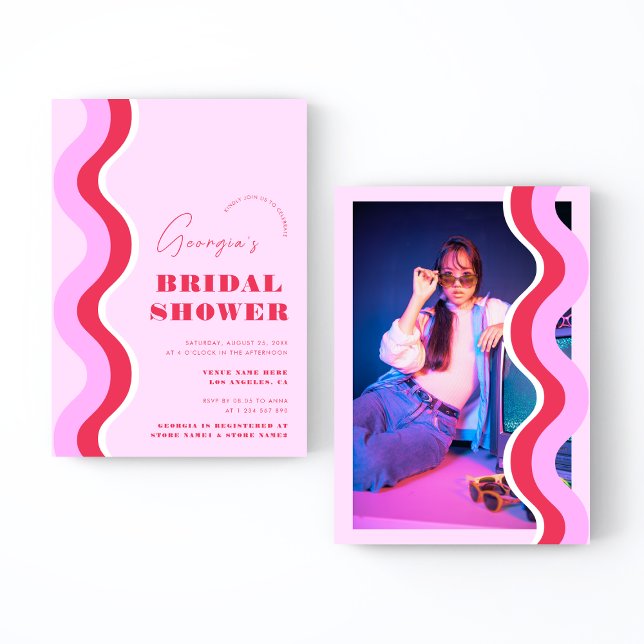 Bold Retro Wave Stripes Pink and Red Bridal Shower Invitation (Creator Uploaded)