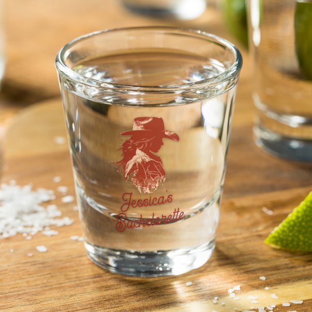Bold Retro Western Cowgirl Bachelorette Shot Glass (Creator Uploaded)