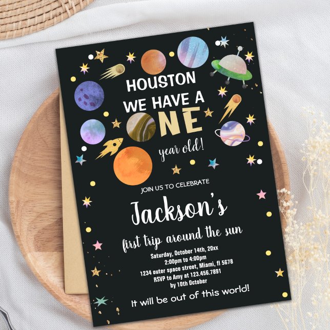 Bold Rocket & Planet Galaxy Theme for Kids Invitation (Black Outer Space Birthday Invitations)