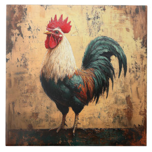 Bold Rooster Chicken Oil Painting Ceramic Tile