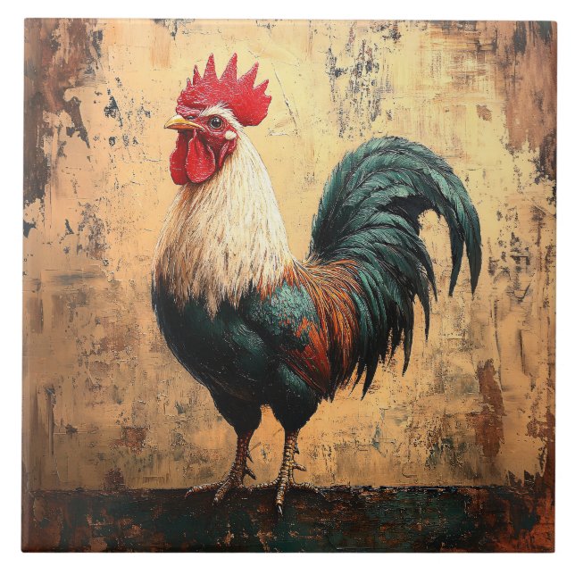 Bold Rooster Chicken Oil Painting Ceramic Tile (Front)