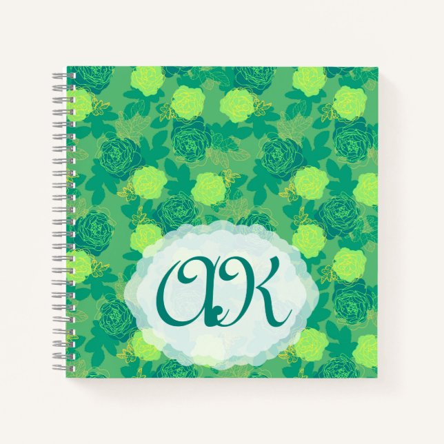 Bold roses green gold monogram notebook (Front)