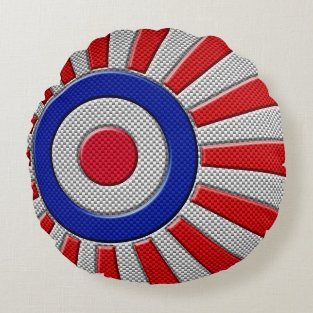 Bold Roundel Sunburst Design in Carbon Fibre Style Round Cushion (Front)