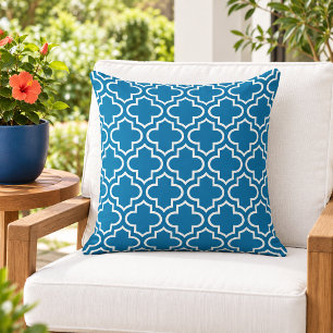 Bold Royal Blue White Quatrefoil Trellis Cushion