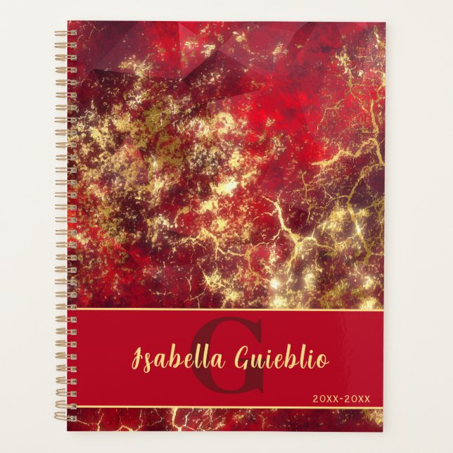 Bold Ruby Red and Gold Marble Art Design Planner (Front)