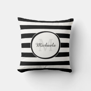 Bold Rugby Stripes With Monogram and Name in Black Cushion