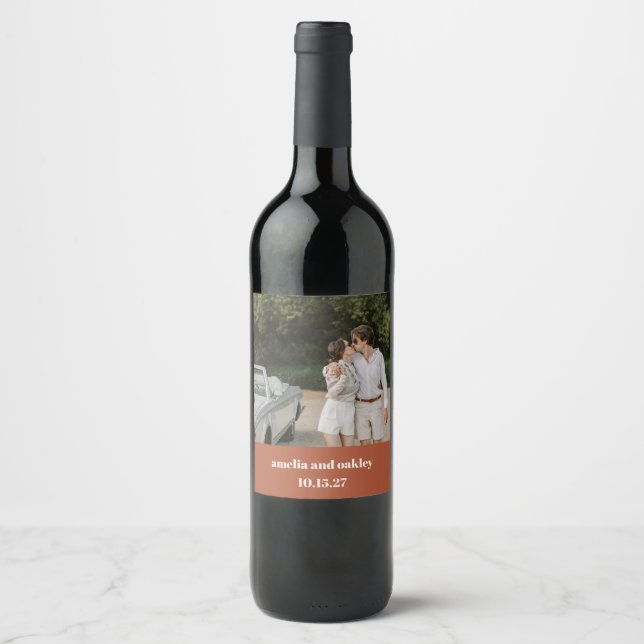 Bold Rust Fall Retro Custom Wedding Photo Wine Label (Front)
