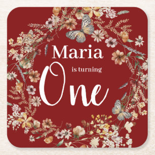 Bold Rustic Wildflower Floral Baby Birthday Square Paper Coaster