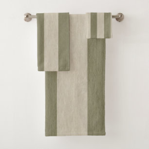 Bold Sage Green and Cream Vertical Striped Pattern Bath Towel Set