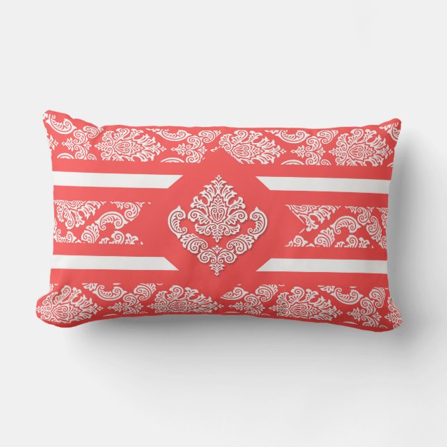 Bold Salmon and White Damask with Monogram Outdoor Cushion (Front)