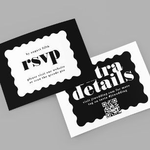 Bold Scalloped Border Black White QR CODE RSVP Card