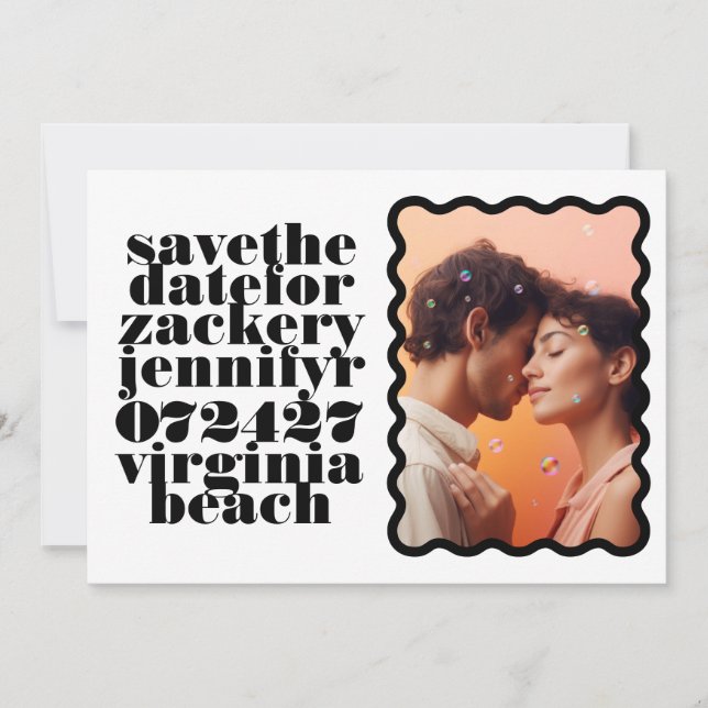 Bold Scalloped Border White Black QR Code Photo Save The Date (Front)