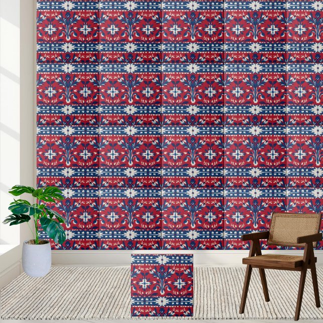 Bold Scandinavian Floral Tile in Red Blue & White (Bold Scandinavian Floral Tile in Red Blue & White)