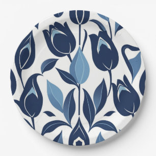 Bold Scandinavian Folk Art Symmetrical Tulip Navy Paper Plate