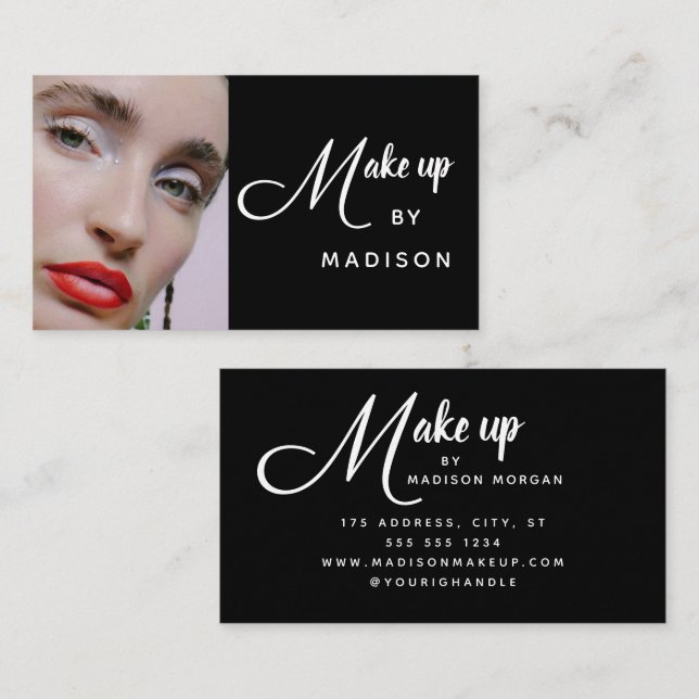 Bold Script Black and White Photo Makeup Business Card (Front/Back)