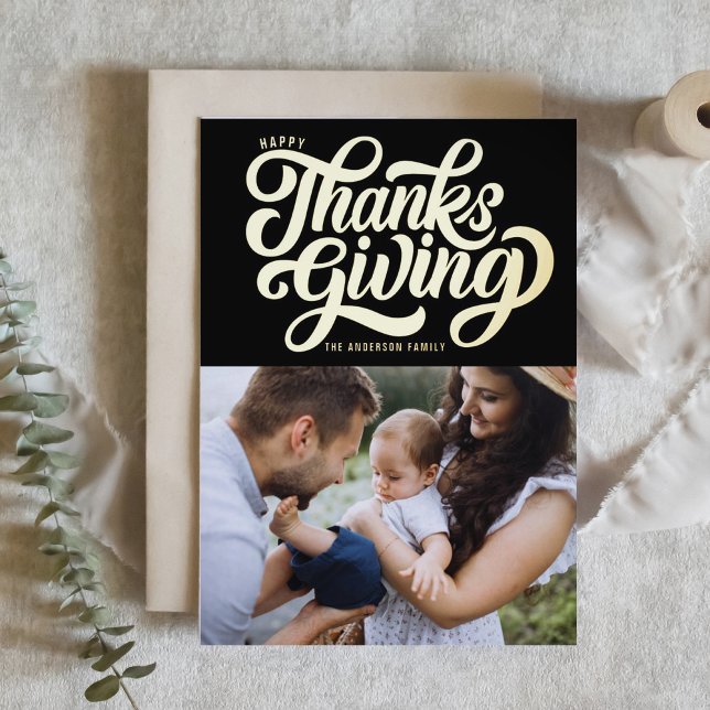 Bold Script Black Happy Thanksgiving Photo  Foil Holiday Card (Creator Uploaded)