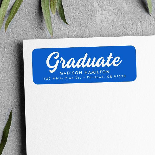 Bold Script Blue Graduation Return Address Label (Creator Uploaded)