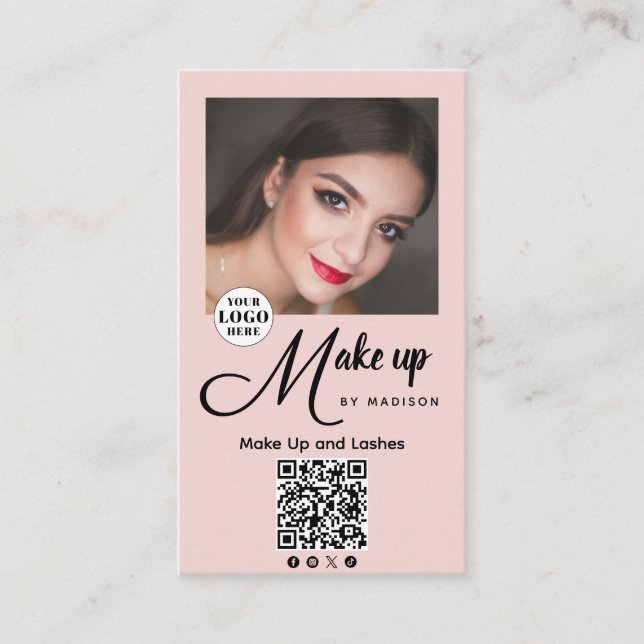 Bold Script Blush Pink Photo Makeup Business Card (Front)