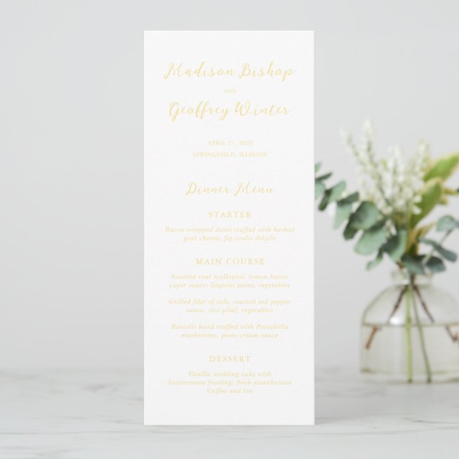 Bold Script Butter Yellow Elegant Wedding Menu (Standing Front)