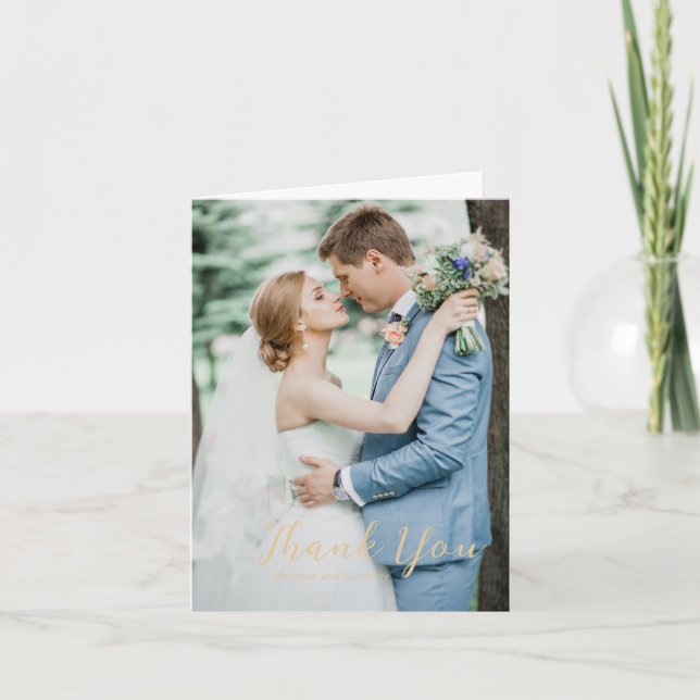Bold Script Earthy Neutral Photo Elegant Wedding Thank You Card (Front)