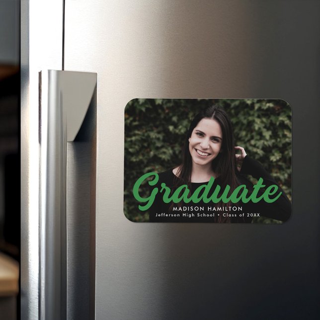 Bold Script Green Photo Graduation Announcement Magnet (Creator Uploaded)