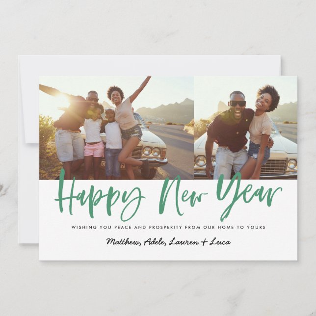 bold script happy new year multi photo new year holiday card (Front)