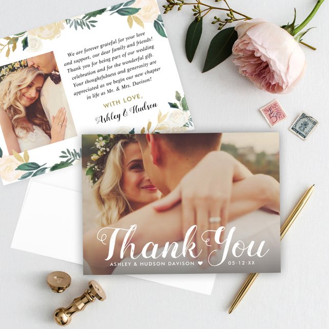 Bold Script Heart Wedding Photo Thank You Card (Creator Uploaded)