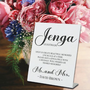 Bold Script Jenga Wedding Guestbook Pedestal Sign