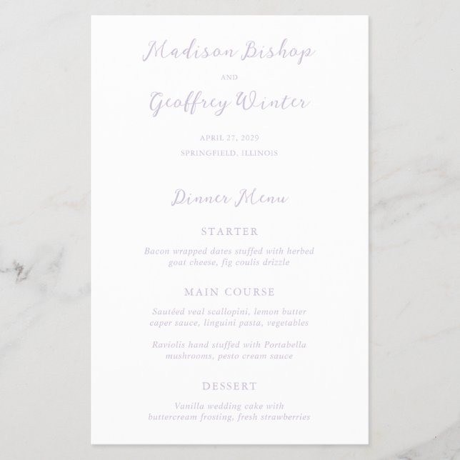Bold Script Lilac Elegant Budget Wedding Menu (Front)
