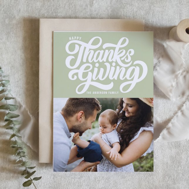 Bold Script Mint Green Photo Happy Thanksgiving Holiday Card (Creator Uploaded)