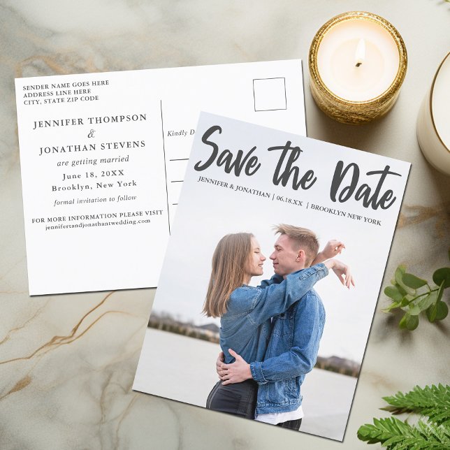 Bold Script Overlay Modern Photo Save the Date Postcard (Creator Uploaded)