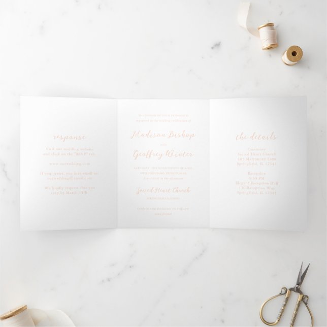 Bold Script Peach Elegant Wedding Tri-Fold Invitation (Inside)