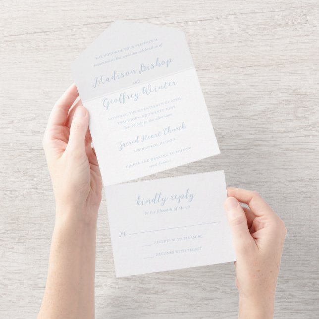 Bold Script Powder Blue Elegant Wedding All In One Invitation (Tearaway)
