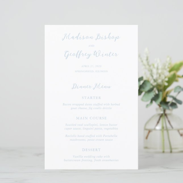 Bold Script Powder Blue Elegant Wedding Menu (Standing Front)