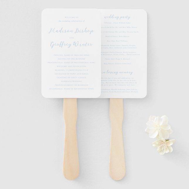 Bold Script Powder Blue Elegant Wedding Program Hand Fan (Front and Back)
