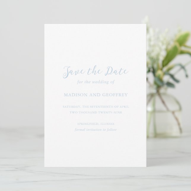 Bold Script Powder Blue Elegant Wedding Save The Date (Standing Front)