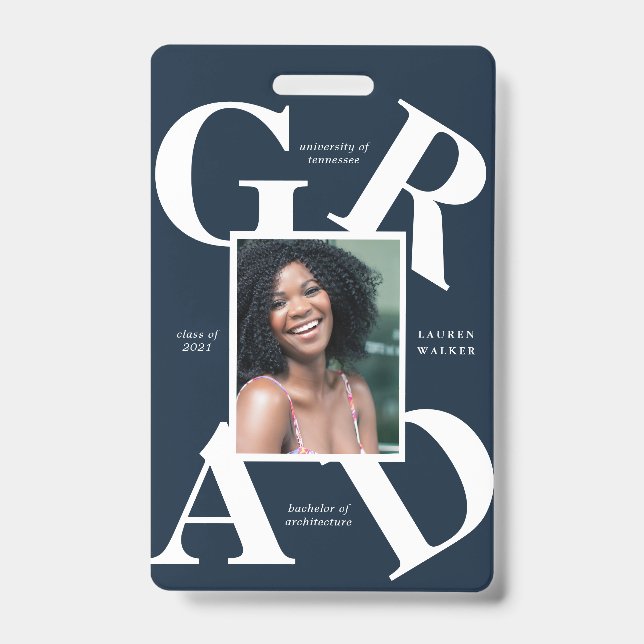 bold script school colours graduate announcement  ID badge (Front)