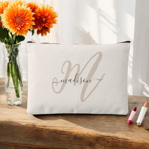 Bold Script Stylish Beige Name and Monogram Accessory Pouch