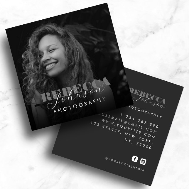 Bold Script & Typography Black White Photo Modern Square Business Card (Creator Uploaded)