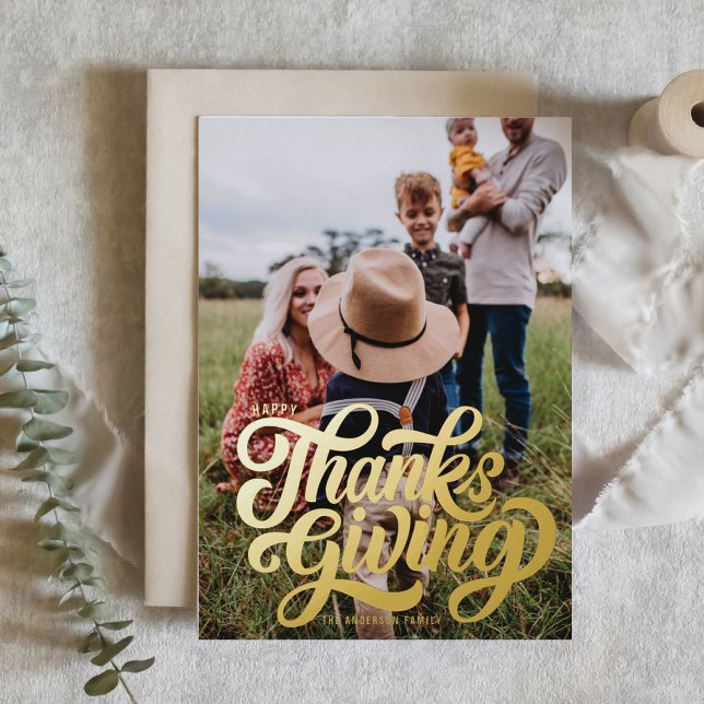 Bold Script Typography Photo Happy Thanksgiving Foil Holiday Card (Creator Uploaded)