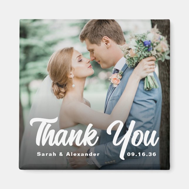 Bold Script White Thank You Wedding Photo Magnet (Front)
